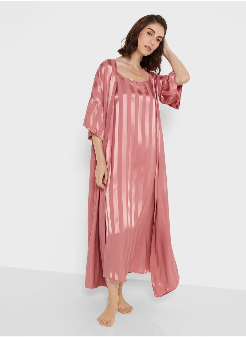 جينجر Satin Stripe Robe With Slip Dress