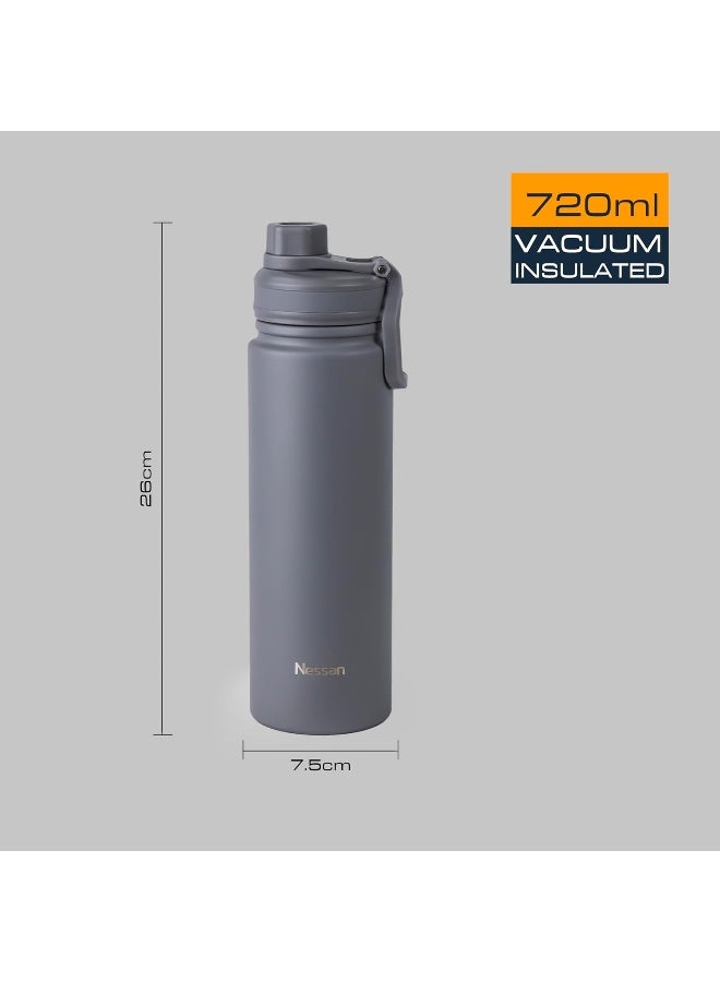Nessan 723Ml Travel Flask – Double Wall Insulated Stainless Steel Vacuum Bottle For Hot And Cold Beverages - Grey - Image 5