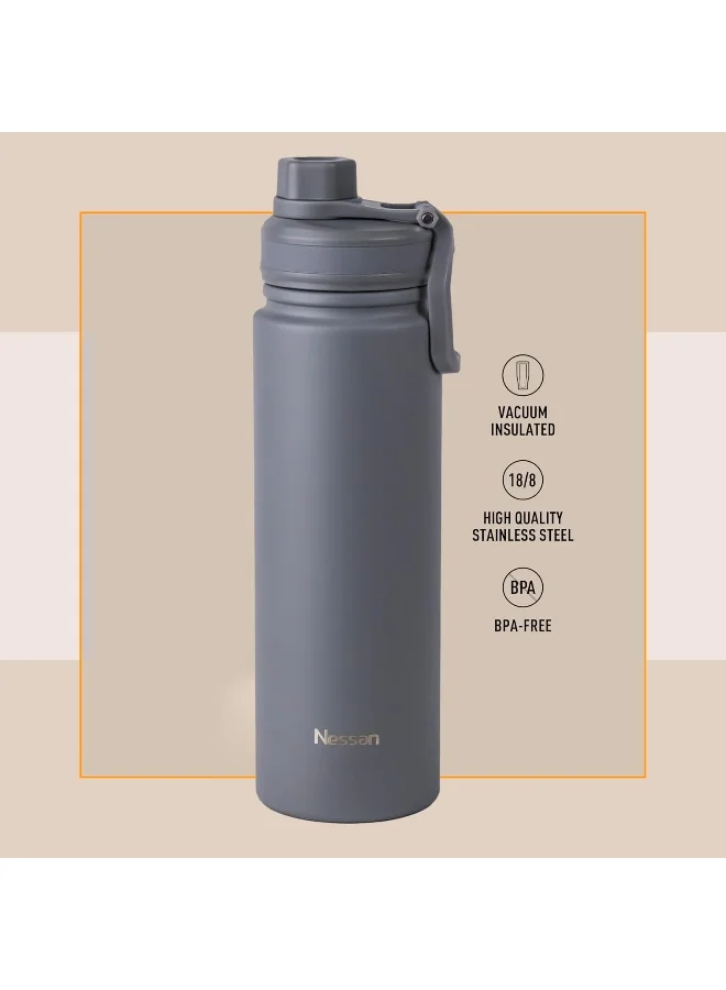 Nessan 723Ml Travel Flask – Double Wall Insulated Stainless Steel Vacuum Bottle For Hot And Cold Beverages - Grey