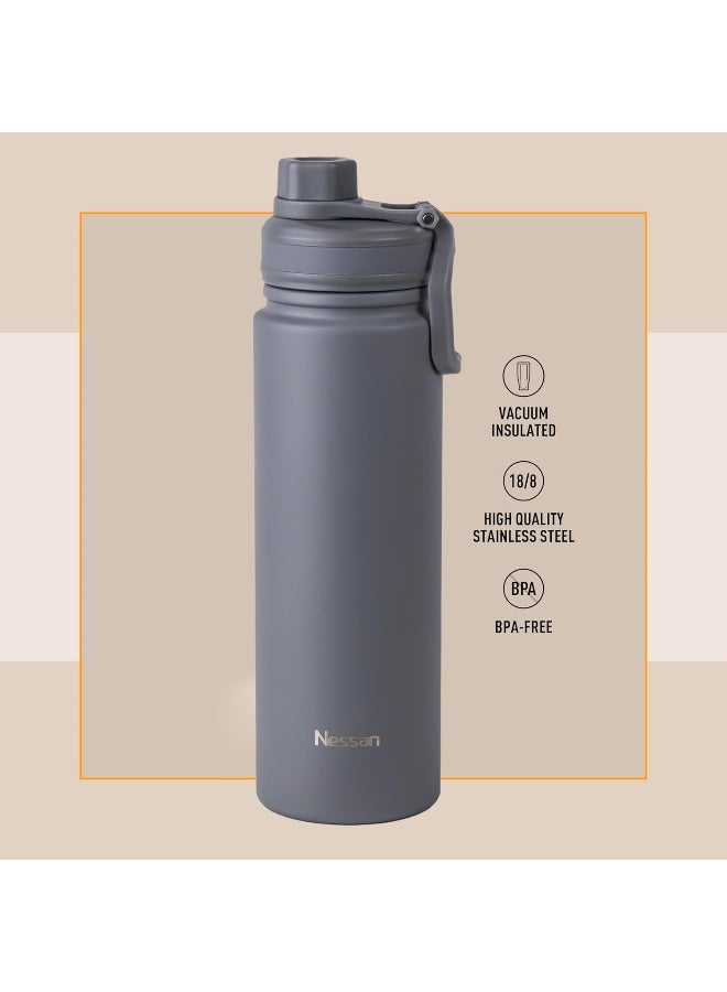 Nessan 723Ml Travel Flask – Double Wall Insulated Stainless Steel Vacuum Bottle For Hot And Cold Beverages - Grey - Image 4