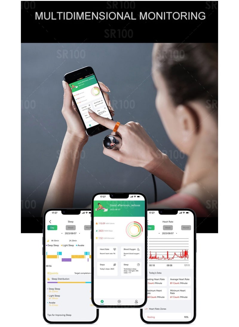 Smart Health Ring Newest Intelligent Wearable Device for Health Monitor Sleep Monitoring Blood Oxygen Heart Rate Calories Burned Finger Temperature Step Tracker Wireless Charging Black No.21