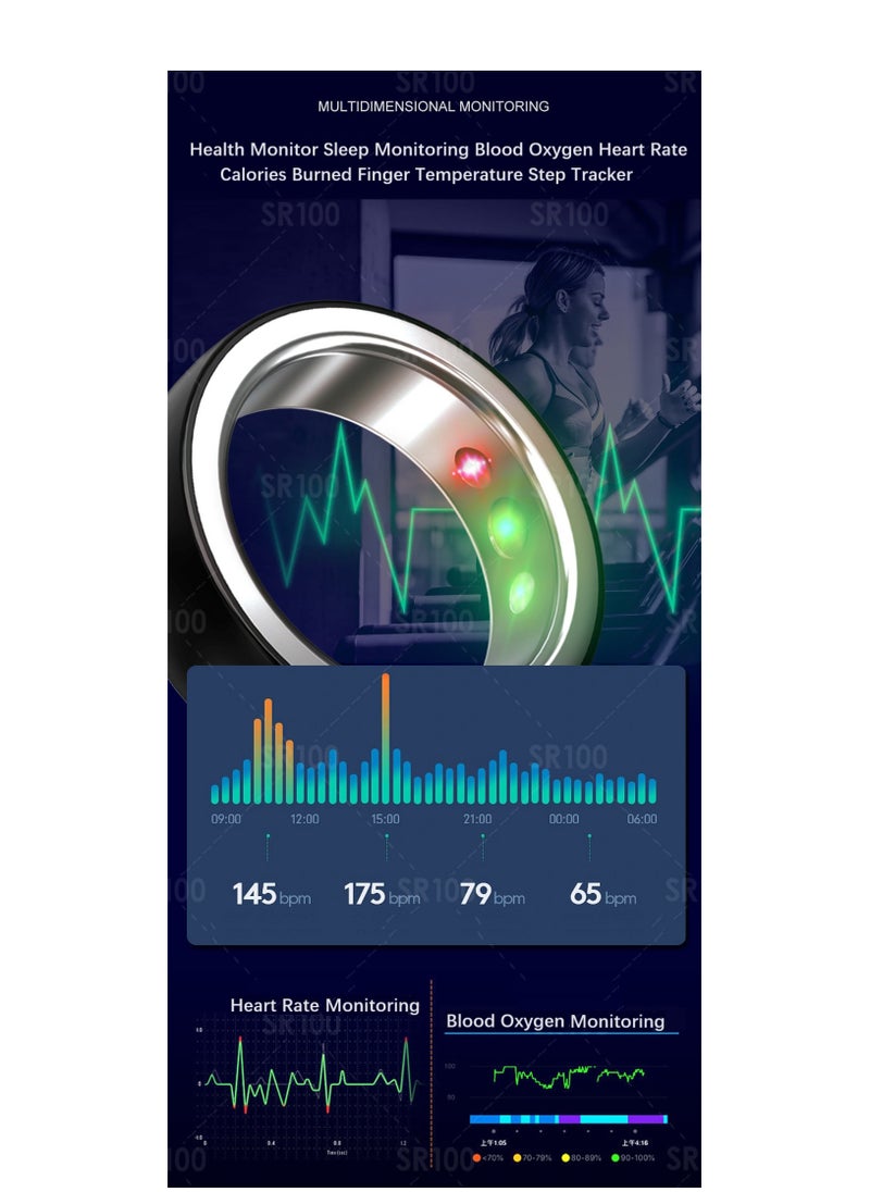 Smart Health Ring Newest Intelligent Wearable Device for Health Monitor Sleep Monitoring Blood Oxygen Heart Rate Calories Burned Finger Temperature Step Tracker Wireless Charging Black No.21