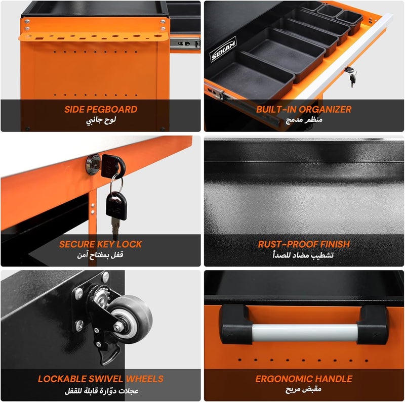Atrisec 3-Tier Rolling Tool Cart: Heavy Duty Mechanic Service Cart with Drawer for Garage & Warehouse – Metal Utility Trolley Organizer with Locking Wheels & Screwdriver Holder (440LBS Capacity) - Image 2