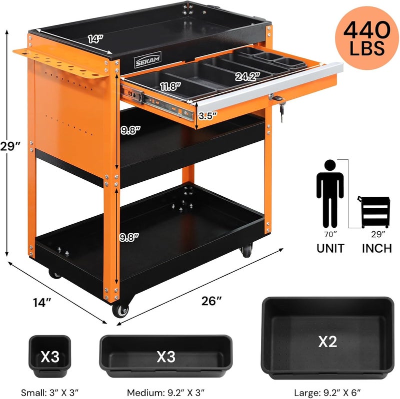 Atrisec 3-Tier Rolling Tool Cart: Heavy Duty Mechanic Service Cart with Drawer for Garage & Warehouse – Metal Utility Trolley Organizer with Locking Wheels & Screwdriver Holder (440LBS Capacity) - Image 3