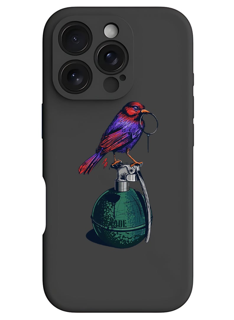 Theodor iPhone 16 Pro Max Black Protective Slim Fit Case Liquid Silicone Cover with Full Body Protection Anti-Scratch Shockproof Case For iPhone - Granade Bird - Image 1