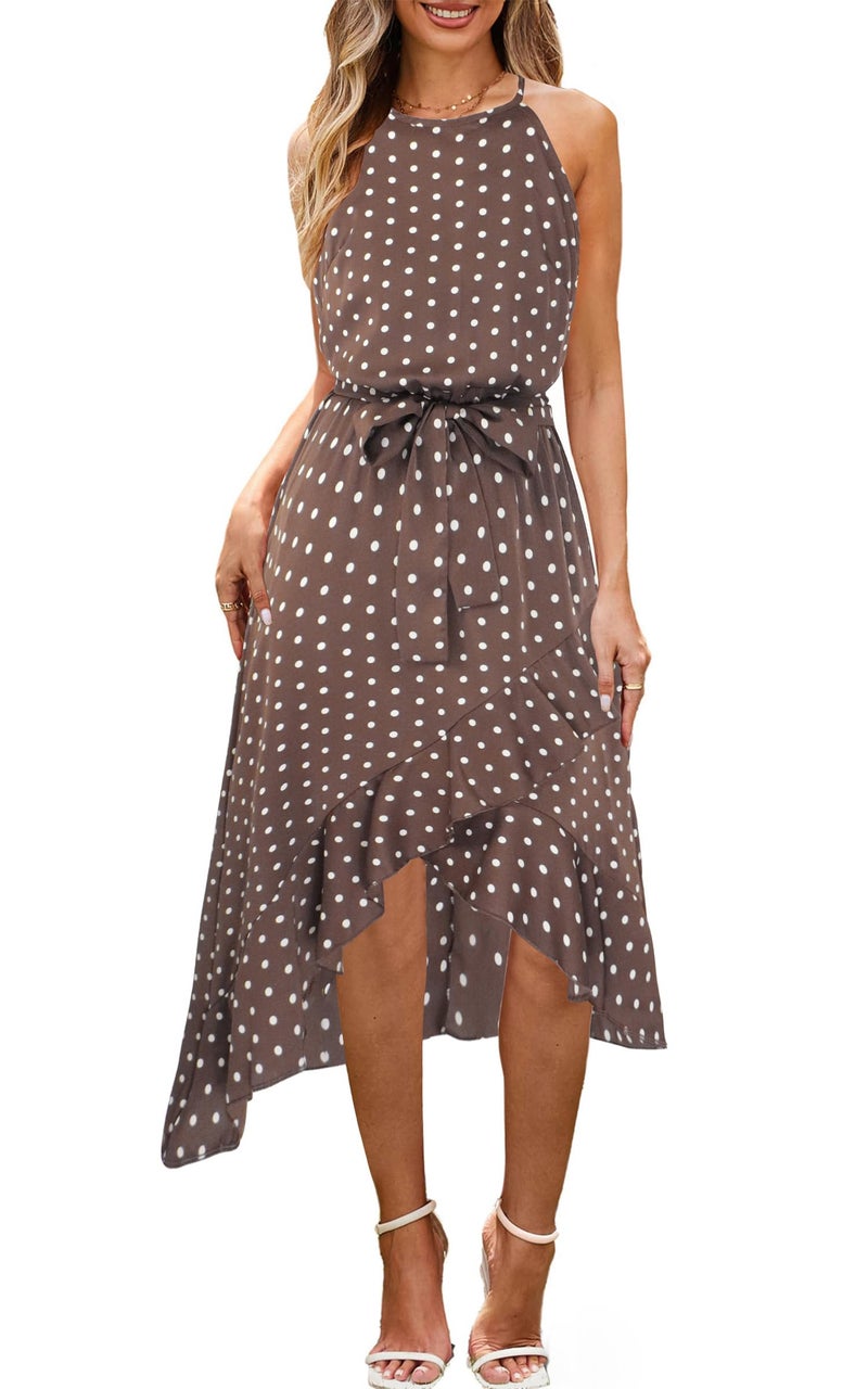 ECOWISH Polka Dot Womens Summer Dress Flowy Cute High Low Sleeveless Boho Criss Cross Halterneck Cocktail Midi Sundress 2025 Coffee Small - Image 1