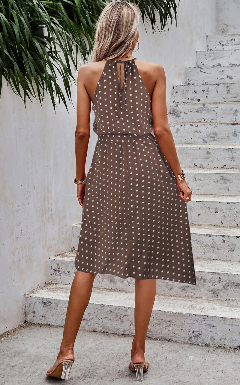 ECOWISH Polka Dot Womens Summer Dress Flowy Cute High Low Sleeveless Boho Criss Cross Halterneck Cocktail Midi Sundress 2025 Coffee Small - Image 2