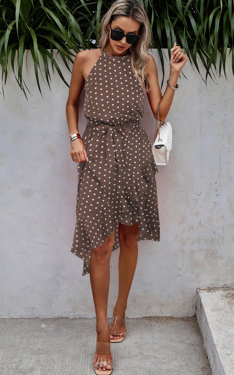 ECOWISH Polka Dot Womens Summer Dress Flowy Cute High Low Sleeveless Boho Criss Cross Halterneck Cocktail Midi Sundress 2025 Coffee Small - Image 3