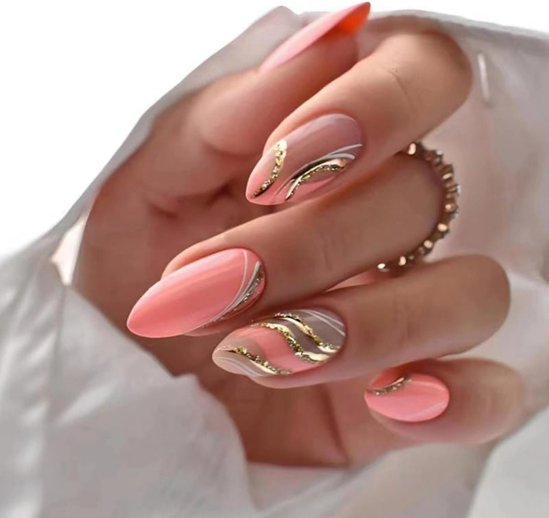 JUSTOTRY 24 Pcs Gold Swirl Almond Short False Nails PatternPeach Pink Stiletto Press on NailsGlossy Fake Nails Medium for Nails ArtFrench Oval Stick on Nails for Women and Teens Gifts