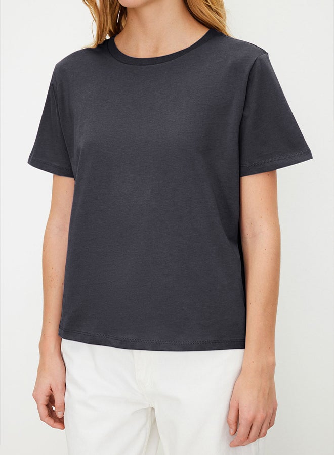 trendyol Anthracite 100% Cotton Basic Crew Neck Knitted T-Shirt - Image 4