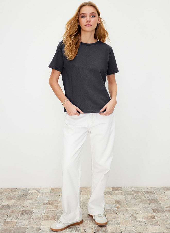 trendyol Anthracite 100% Cotton Basic Crew Neck Knitted T-Shirt - Image 3