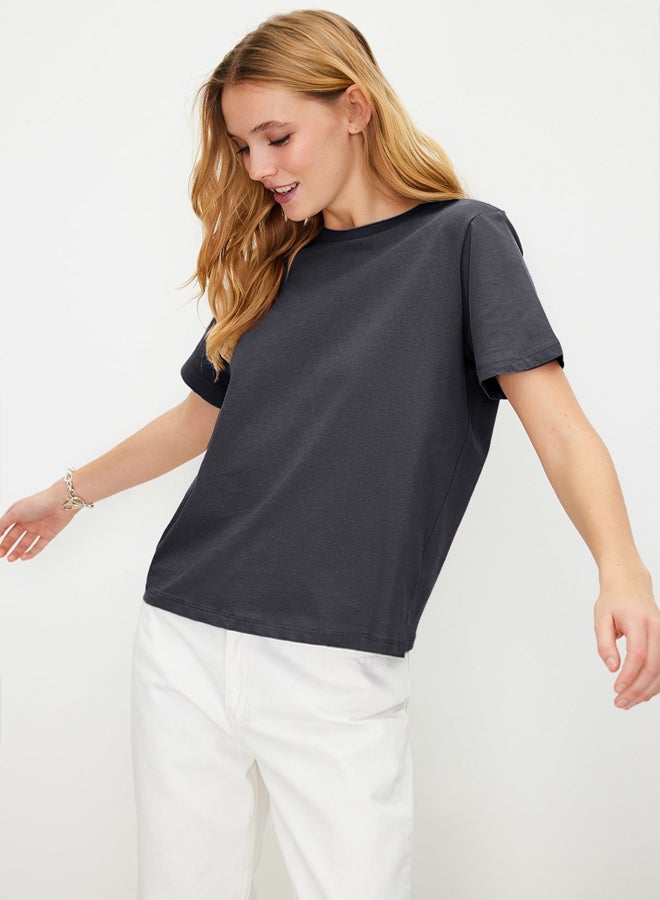 trendyol Anthracite 100% Cotton Basic Crew Neck Knitted T-Shirt - Image 1