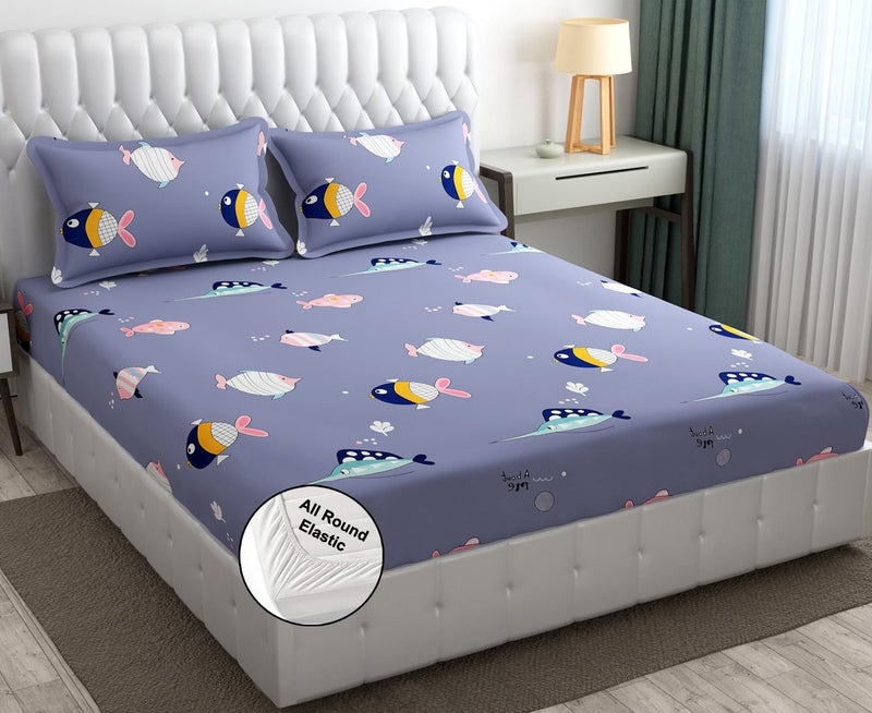 FRESH FROM LOOM Glace Cotton Wrinkle Free Soft Hypoallergenic Elastic Fitted Bed Sheet Cartoon Printed Bedsheets for Kids with 2 Pillow Size 78 x 72 Inches Fits up to 8 Inch FishBlue