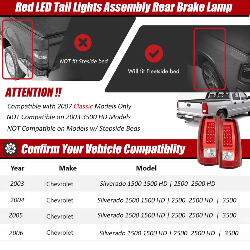 APSVE Red Clear LED Tail Lights Assembly Fit 2003 2004 2005 2006 Chevy Silverado 1500 2500 3500 Taillight Turn Signal Rear Brake Lamp LED C-Type Tube, Replace GM2800174 GM2801174 GM2800161 GM2801161 - Image 2