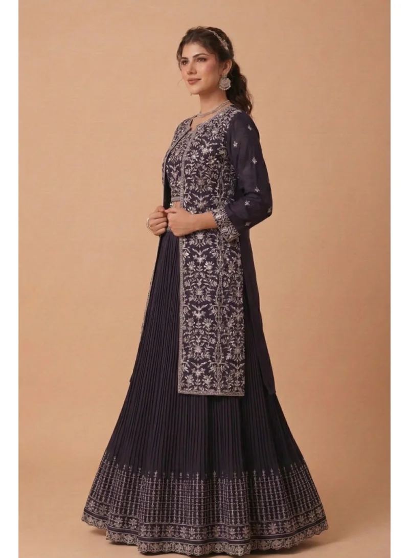 Lehar Midnight Plum Georgette Jacket-Style Lehenga Set with Intricate Silver Zari Embroidery