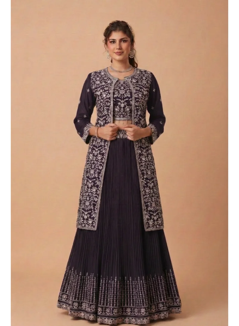 Lehar Midnight Plum Georgette Jacket-Style Lehenga Set with Intricate Silver Zari Embroidery