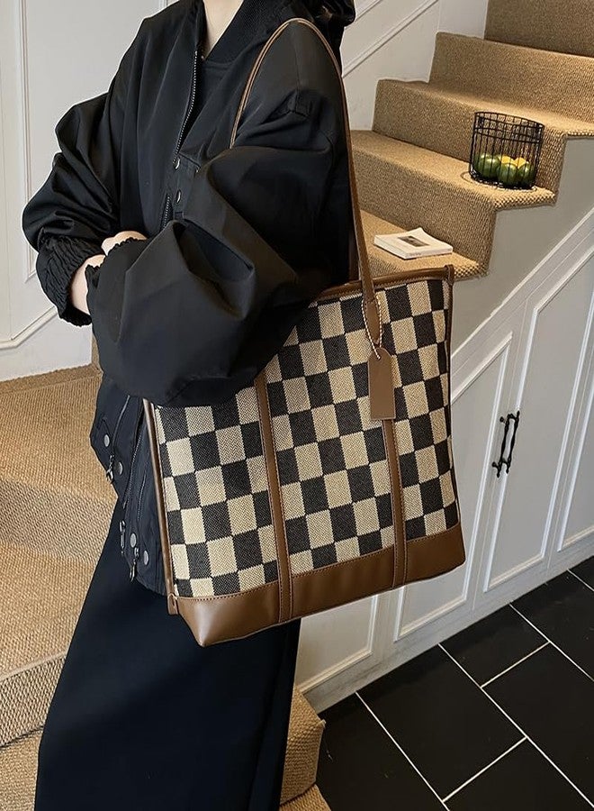 YFGBCX Checkered Tote Bag for Women Vintage Work Bag Fall Tote Handbag Checkered Shoulder Bag for College Work Travel - Image 2