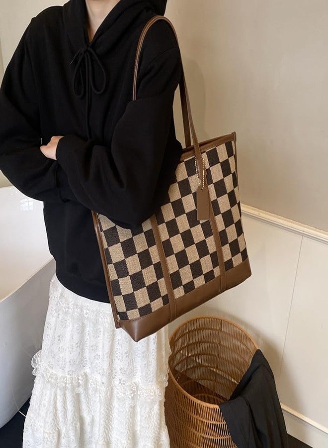 YFGBCX Checkered Tote Bag for Women Vintage Work Bag Fall Tote Handbag Checkered Shoulder Bag for College Work Travel - Image 4