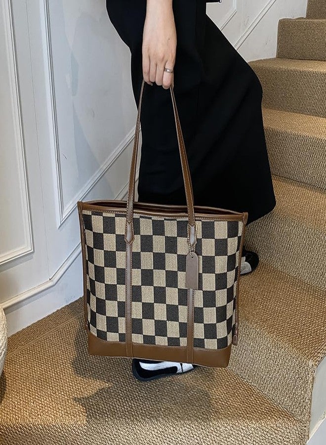 YFGBCX Checkered Tote Bag for Women Vintage Work Bag Fall Tote Handbag Checkered Shoulder Bag for College Work Travel - Image 3