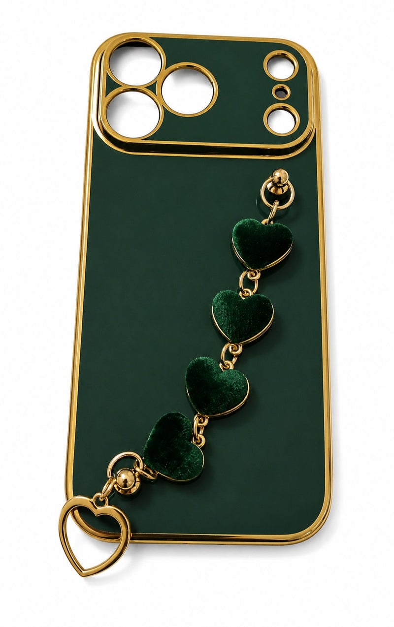 جراب سلسلة على شكل قلب باللون الأخضر الداكن لهاتف iPhone 17 Pro Max - غطاء خلفي لامع من مادة TPU بحافة ذهبية، وحزام يد، وحماية للكاميرا - Image 3