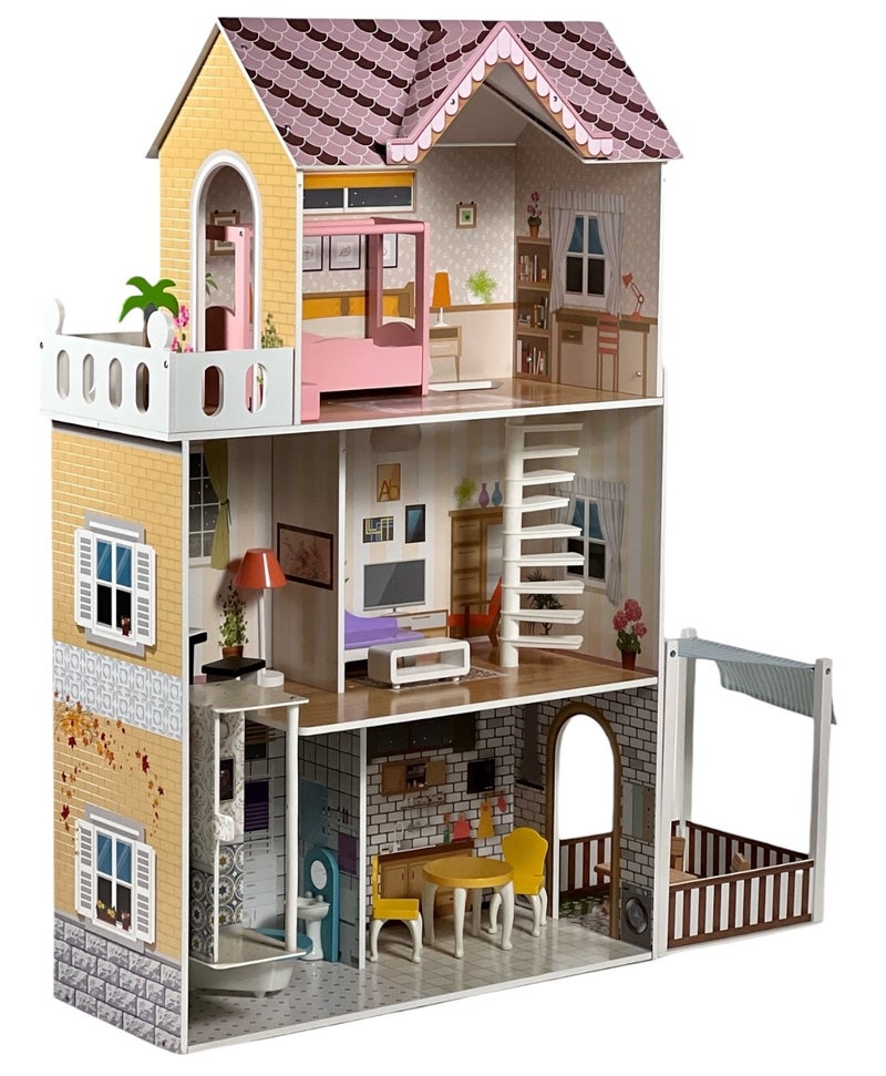 ALBADER Large Wooden Doll House for Kids Multi Story Barbie Dollhouse with Accessories Big Wooden Play House 103x34x120 cm Spiral Staircase Balcony Bedroom Kitchen Living Room Bathroom TX1195 Educational Pretend Play Toy - Image 1
