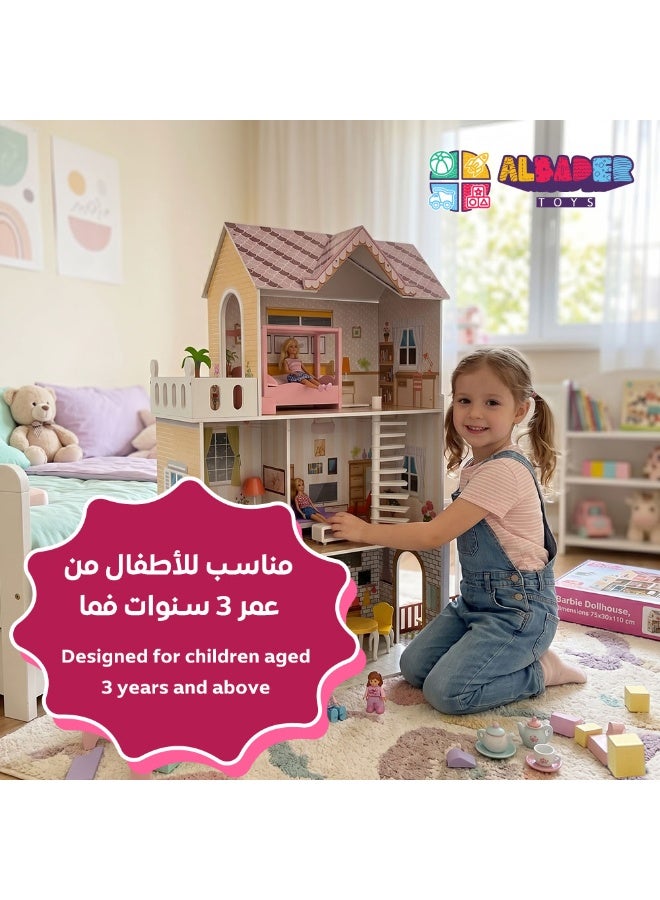 ALBADER Large Wooden Doll House for Kids Multi Story Barbie Dollhouse with Accessories Big Wooden Play House 103x34x120 cm Spiral Staircase Balcony Bedroom Kitchen Living Room Bathroom TX1195 Educational Pretend Play Toy - Image 2