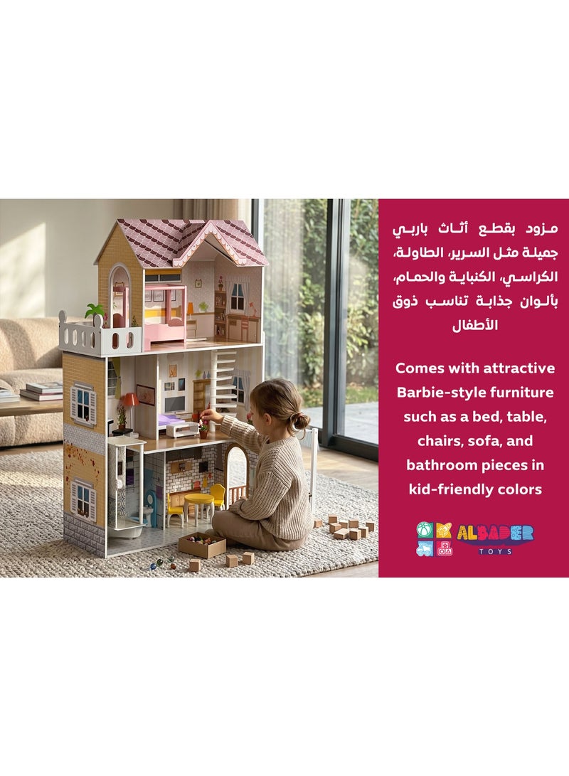 ALBADER Large Wooden Doll House for Kids Multi Story Barbie Dollhouse with Accessories Big Wooden Play House 103x34x120 cm Spiral Staircase Balcony Bedroom Kitchen Living Room Bathroom TX1195 Educational Pretend Play Toy - Image 3