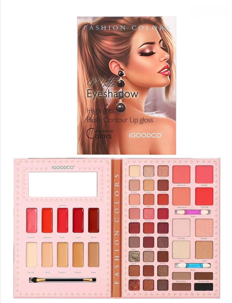 ADOERE Professional 52 Colors Matte Eyeshadow with Highlights Blush Contour Lip Gloss With 3 Brushes for Eyeshadow and Lip Gloss 96g Multicolor - Image 1