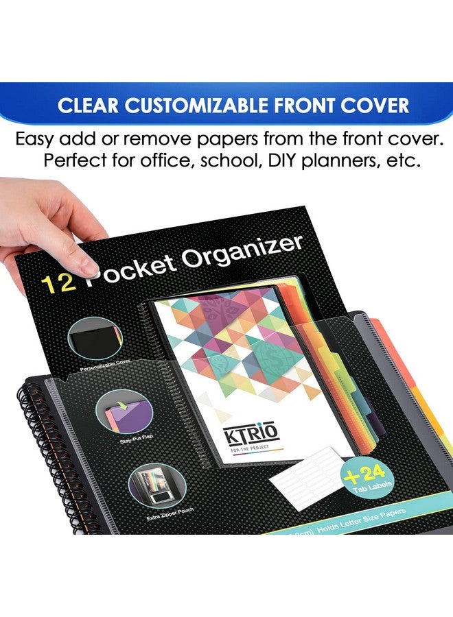 KTRIO 12 Pocket Poly Project Organizer, Binder Organizer Spiral Project Folder Multi Pocket Folder Binder With Pockets Letter Size, Back Cover Utility Pouch, 6 Tab Color Dividers, School Supplies  - Image 3