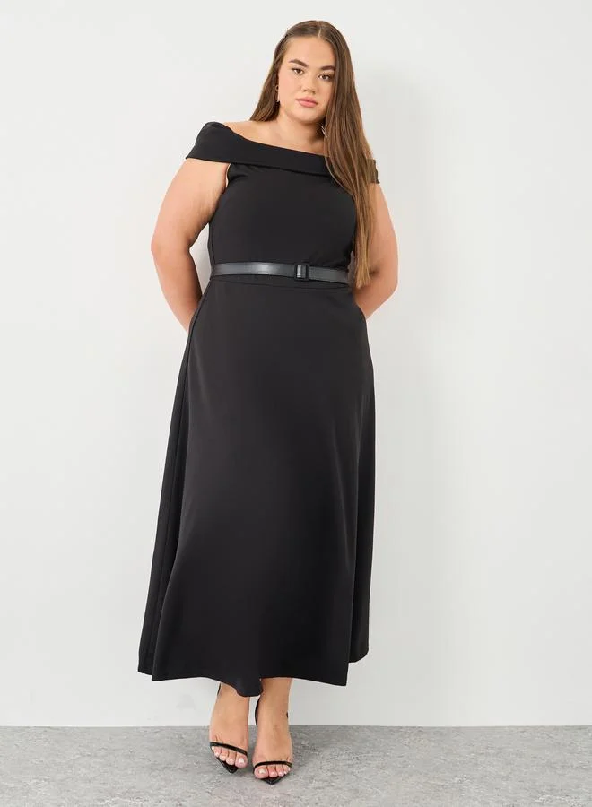 ستايلي Styli Plus Pink Off Shoulder Maxi Dress with Belt