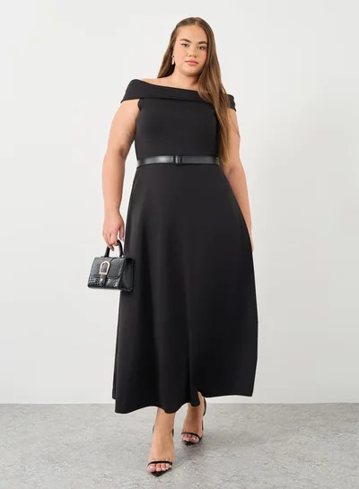 Styli Plus Pink Off Shoulder Maxi Dress with Belt