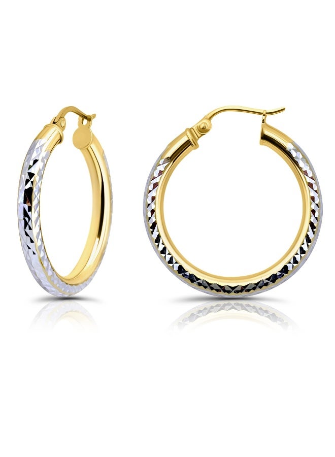 Hoops & Loops - Sterling Silver 25mm Two Tone Diamond Cut Click Top Hoop Earrings in Sterling Silver & Yellow Gold Flash Plated - Image 1