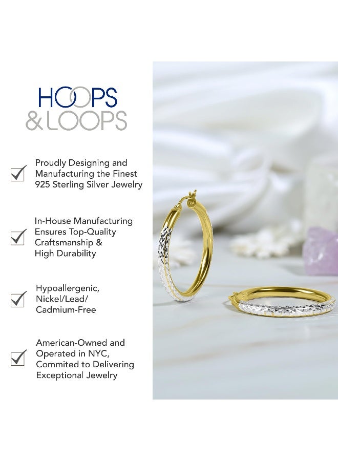 Hoops & Loops - Sterling Silver 25mm Two Tone Diamond Cut Click Top Hoop Earrings in Sterling Silver & Yellow Gold Flash Plated - Image 3