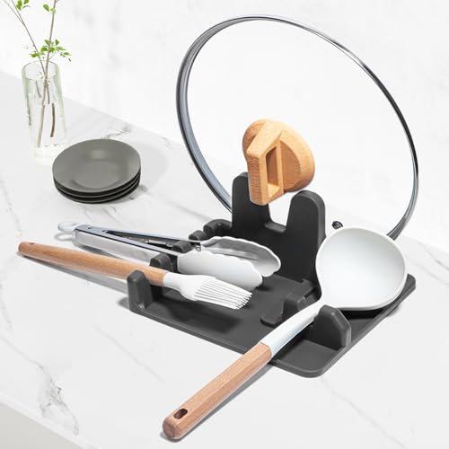 AUOON Spoon Rest for Stove Top - Silicone Utensil Rest with Drip Pad for Kitchen Counter | Practical Kitchen Gadgets for Cooking | Dishwasher Safe (Grey, Large) - Image 1