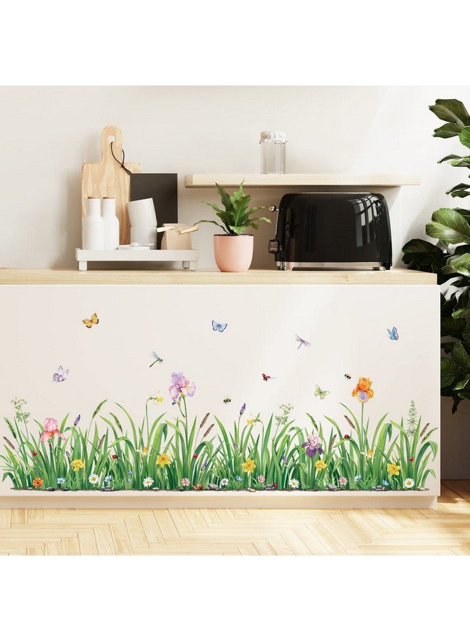 decalmile Green Grass Flower Wall Corner Decals Floral Butterfly Baseboard Skirting Line Wall Stickers Bedroom Living Room Wall Art Decor (Width:162Cm) - Image 2