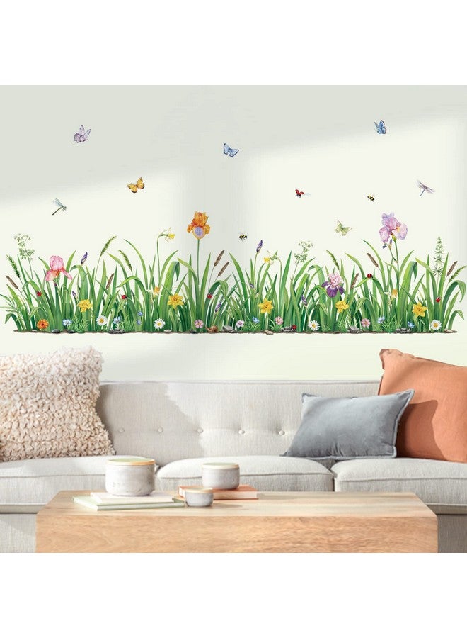 decalmile Green Grass Flower Wall Corner Decals Floral Butterfly Baseboard Skirting Line Wall Stickers Bedroom Living Room Wall Art Decor (Width:162Cm) - Image 3