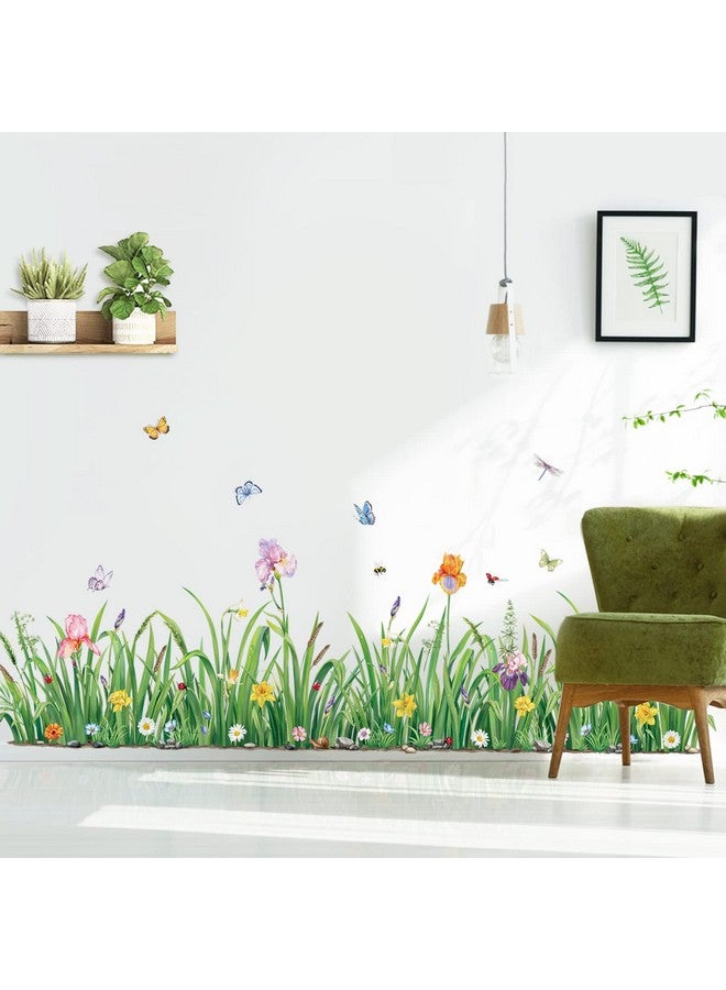 decalmile Green Grass Flower Wall Corner Decals Floral Butterfly Baseboard Skirting Line Wall Stickers Bedroom Living Room Wall Art Decor (Width:162Cm) - Image 1