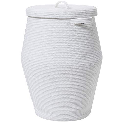 Cottonphant 26" x 20" Handcrafted Tall Cotton Rope Basket with Lid, Stylish Flagon Shape with Cover, Clothes Hamper with Top, for Bedroom and Living Room, All White - Image 1
