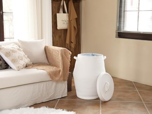 Cottonphant 26" x 20" Handcrafted Tall Cotton Rope Basket with Lid, Stylish Flagon Shape with Cover, Clothes Hamper with Top, for Bedroom and Living Room, All White - Image 3