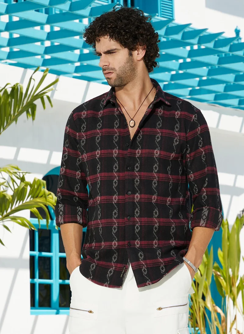Campus Sutra Men's Onyx Black & Crimson Red Indie-Checkered Shirt For Casual Wear | Spread Collar | Long Cuffed Sleeves | Button Closure | Shirt Crafted With Comfort Fit For Everyday Wear