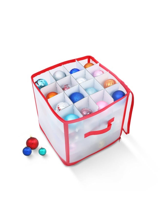 Christmas Ornament Storage Box with 64 Dividers, Large Plastic Organiser Bag for Baubles Decorations, Red/Clear - Image 1