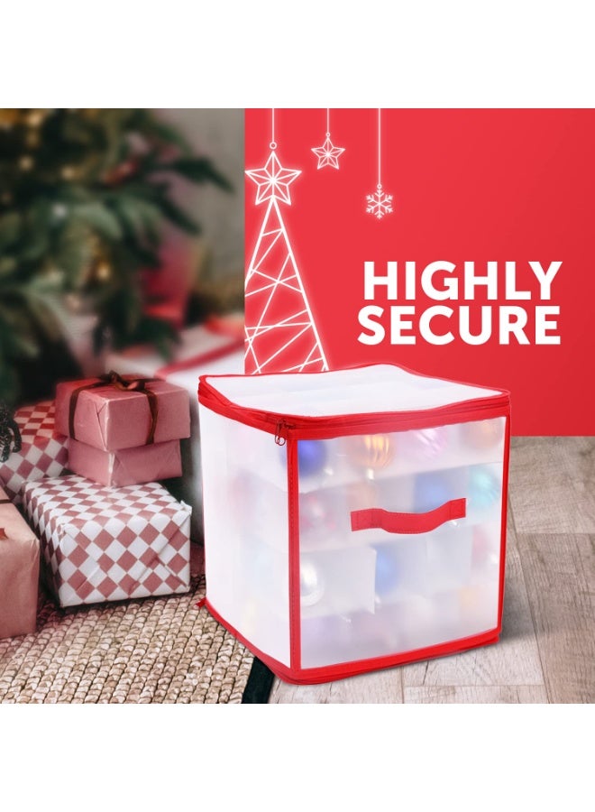 Christmas Ornament Storage Box with 64 Dividers, Large Plastic Organiser Bag for Baubles Decorations, Red/Clear - Image 4