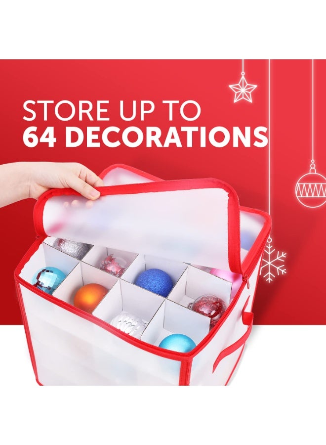 Christmas Ornament Storage Box with 64 Dividers, Large Plastic Organiser Bag for Baubles Decorations, Red/Clear - Image 3