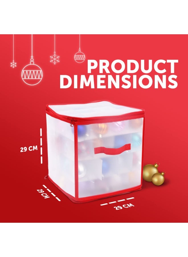 Christmas Ornament Storage Box with 64 Dividers, Large Plastic Organiser Bag for Baubles Decorations, Red/Clear - Image 2