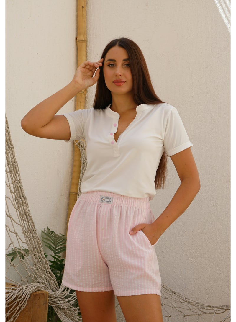 Wasan White Cotton with Pink Stripes Short PJ Set - Image 2