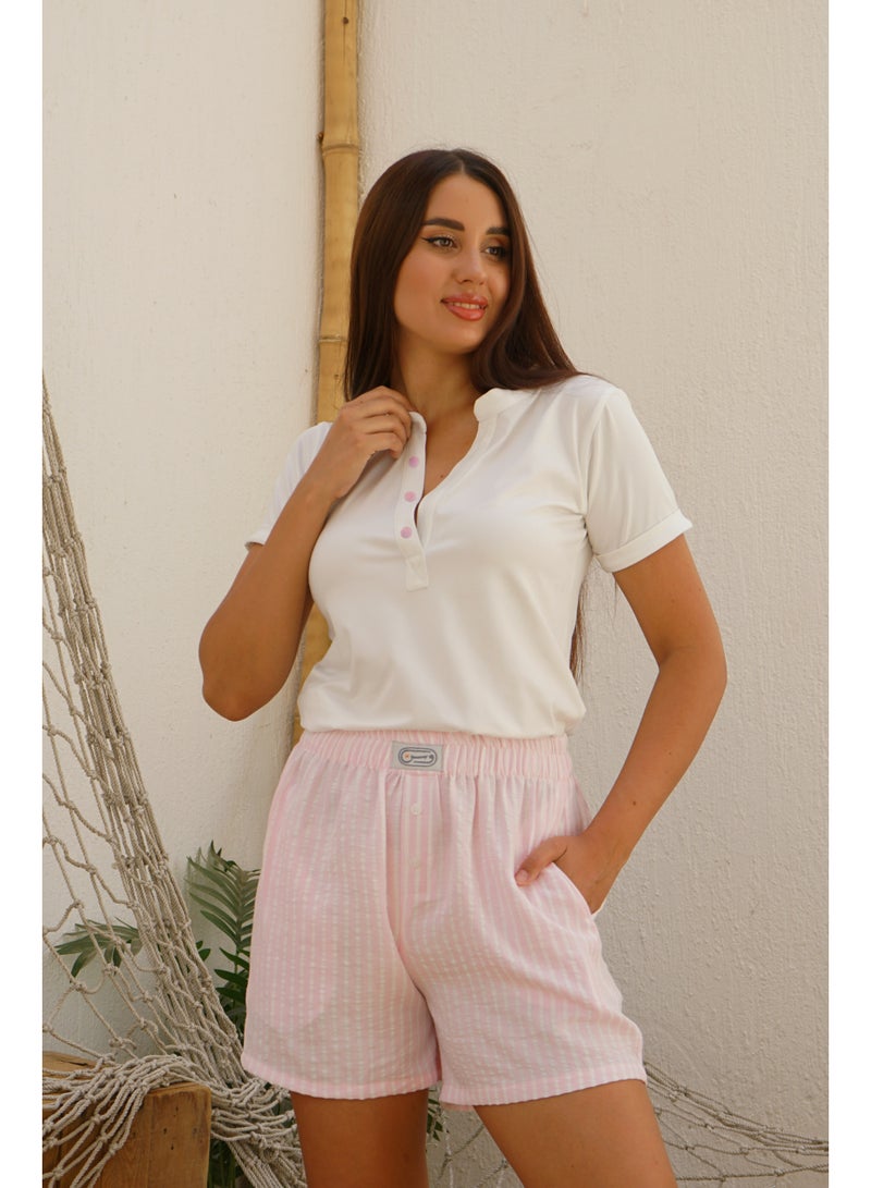 Wasan White Cotton with Pink Stripes Short PJ Set - Image 3
