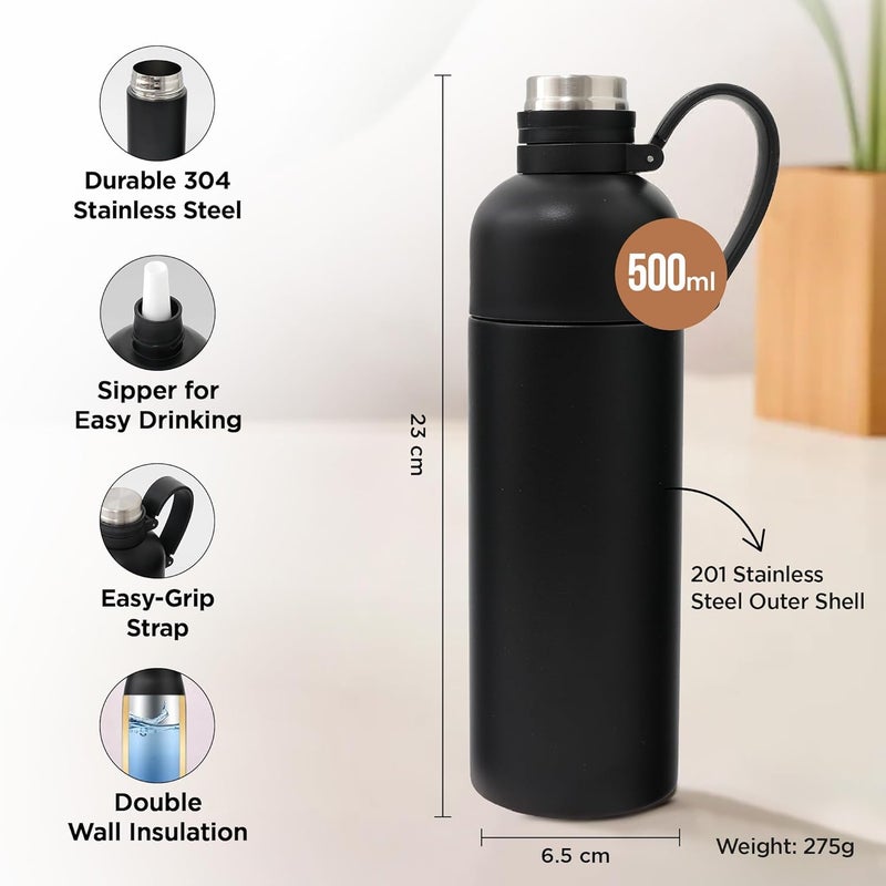 UMAI 500ml Double-Walled Vacuum Insulated Stainless Steel Water Bottle | Sipper Bottle for Kids/Adults | Hot & Cold Water Bottle for Gym, Home, Office, Travel | Black - Image 3