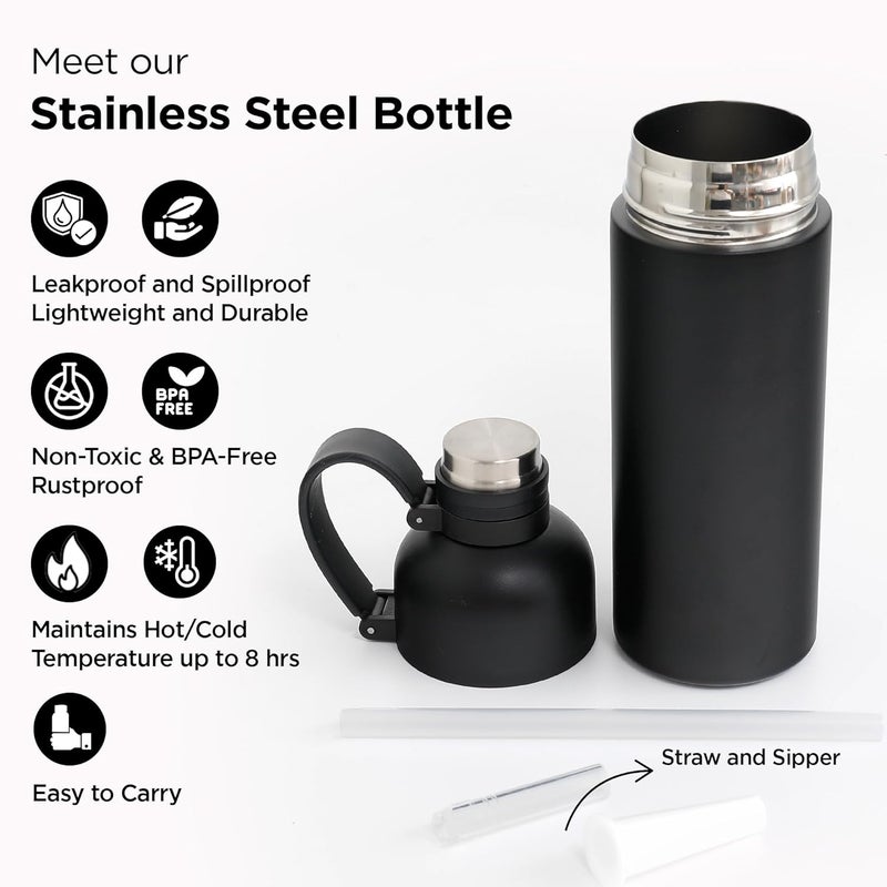 UMAI 500ml Double-Walled Vacuum Insulated Stainless Steel Water Bottle | Sipper Bottle for Kids/Adults | Hot & Cold Water Bottle for Gym, Home, Office, Travel | Black - Image 2