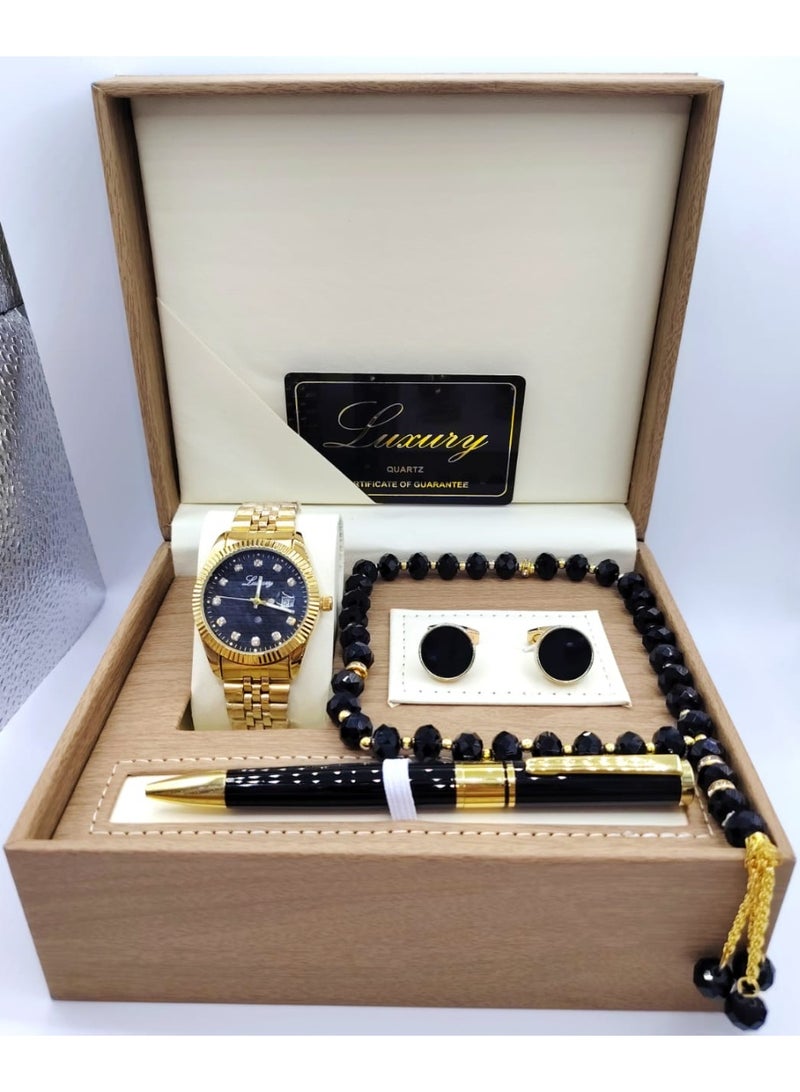 لكجر طقم هدية ساعة رجالية راقية و بجودة عالية ساعة, وقلم, وسبحة, وكبك, سوار ذهبي مع ميناء أسود