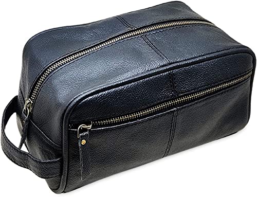 jaald Mens Large Genuine Black Luxury Leather Toiletry Bag Shower Kit Shaving And Grooming Bag For Travel Groomsmen Gift Men Women Hanging Zippered Makeup Bathroom Cosmetic Pouch Make Up Case - Image 1